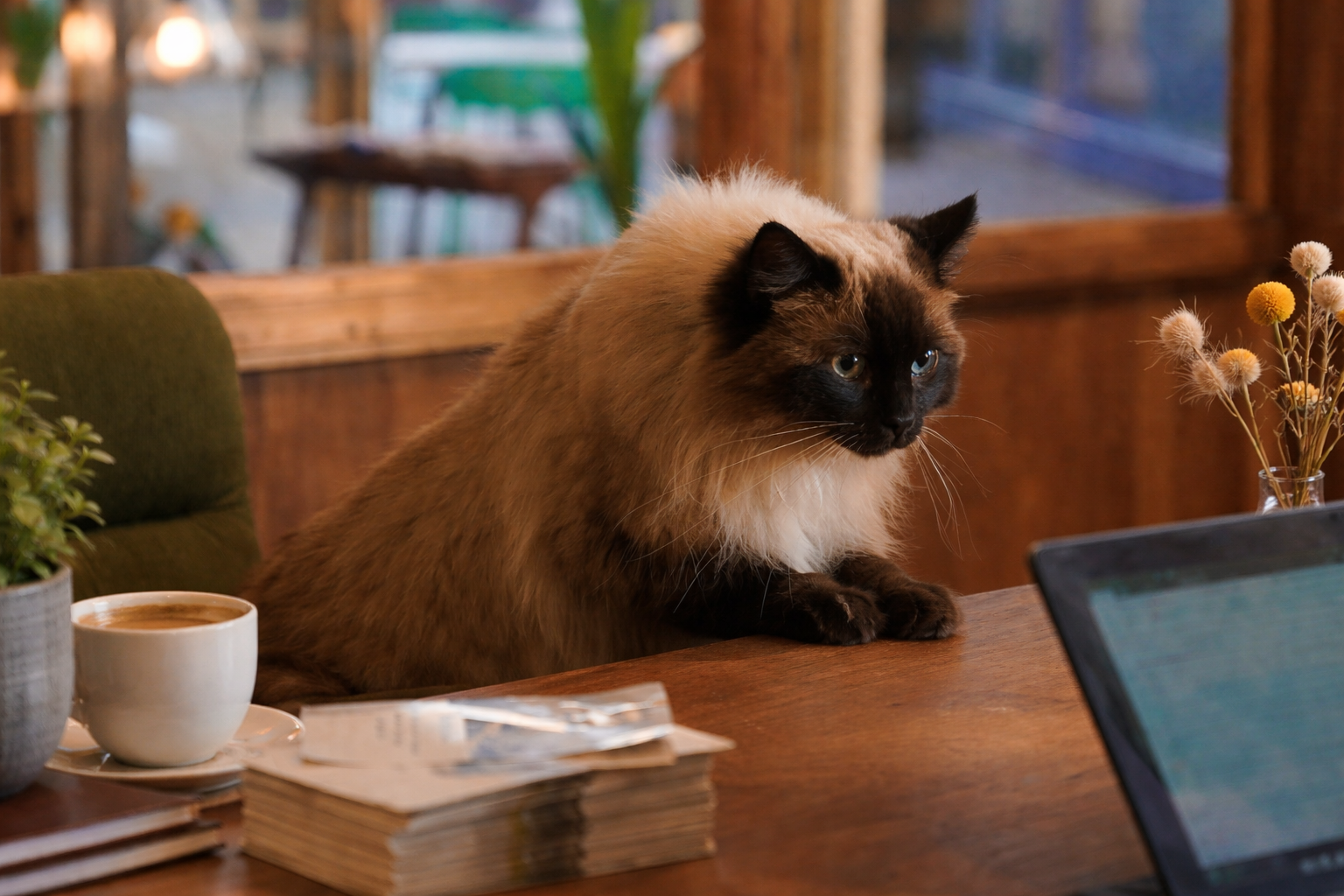 siamese cat in cafe